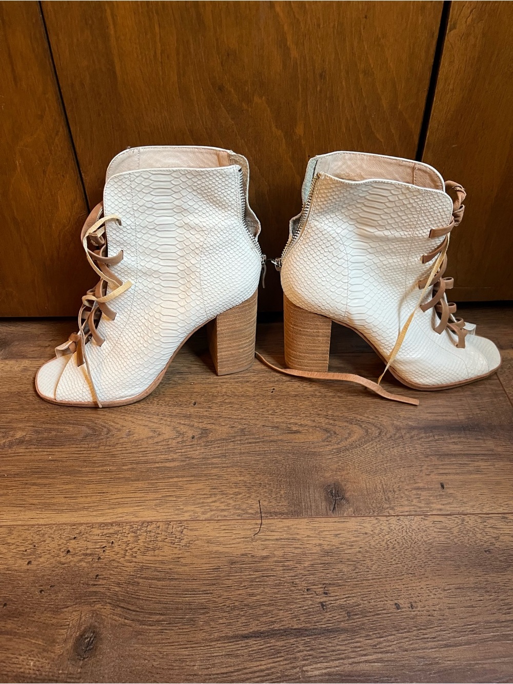 Lace-Up Open-Toe Block Heel Booties in Cream